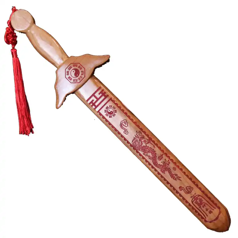 Side profile of 20cm peach wood sword showing traditional katana-style design and proportions.