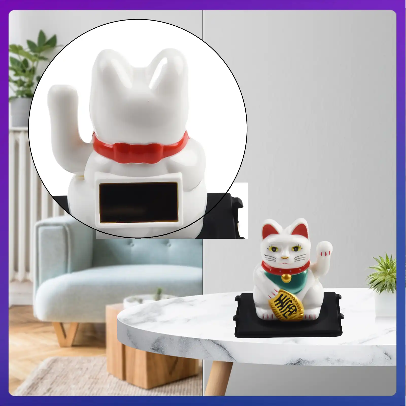 Multiple angle view of black solar lucky cat showing detailed craftsmanship.