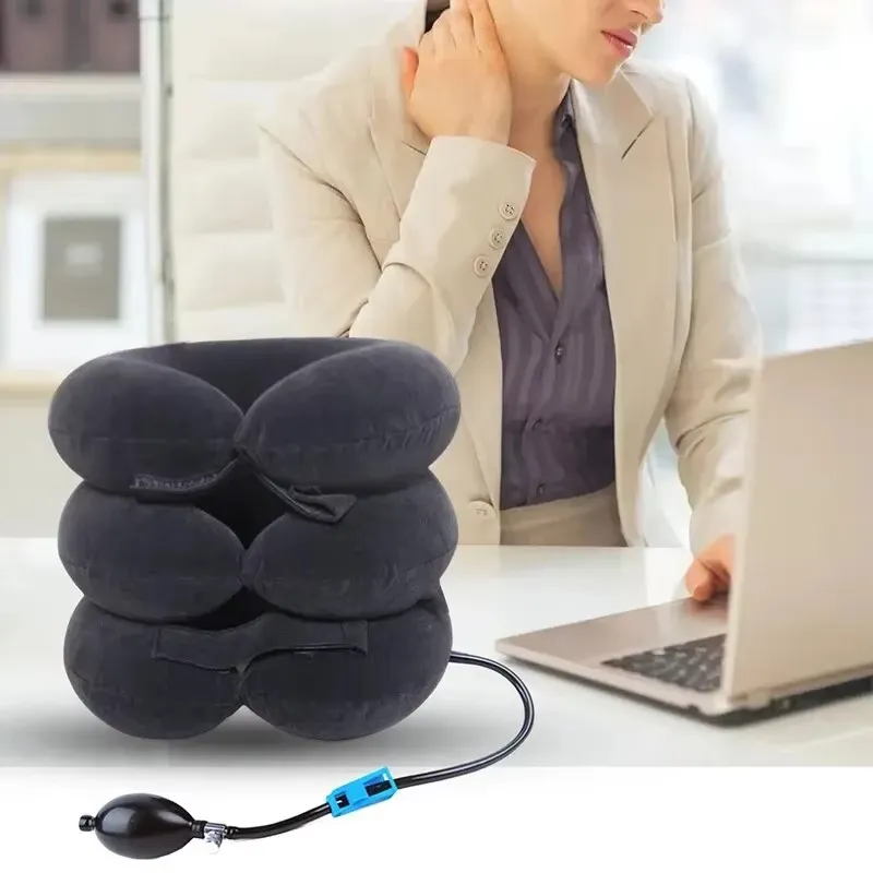 Person wearing inflatable cervical traction pillow demonstrating proper neck alignment and support.