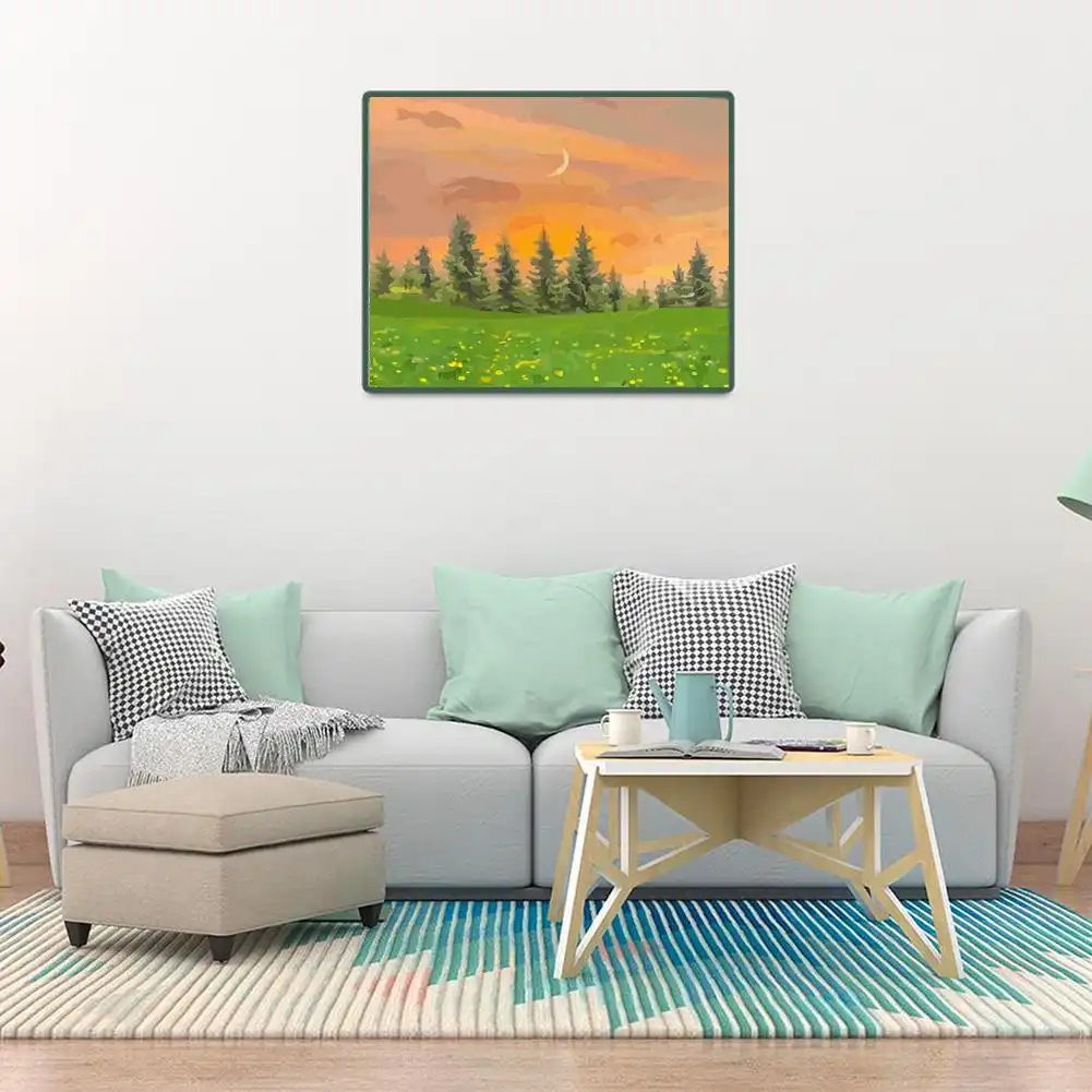 Abstract sunset landscape design showing pastoral style flower elements.