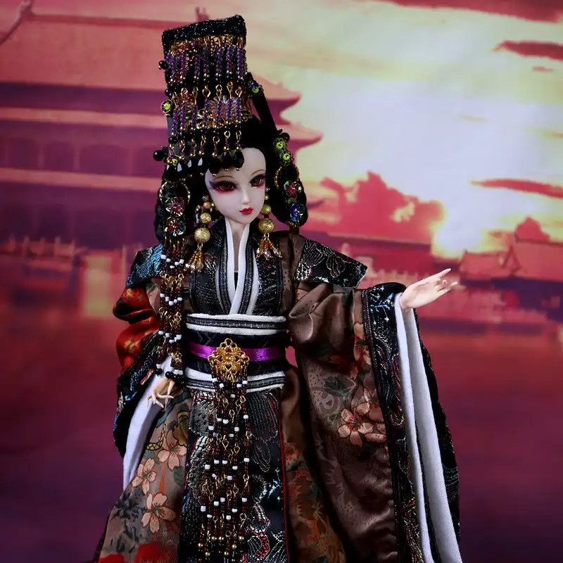 Side view of empress doll displaying elegant ancient costume silhouette and proportions.