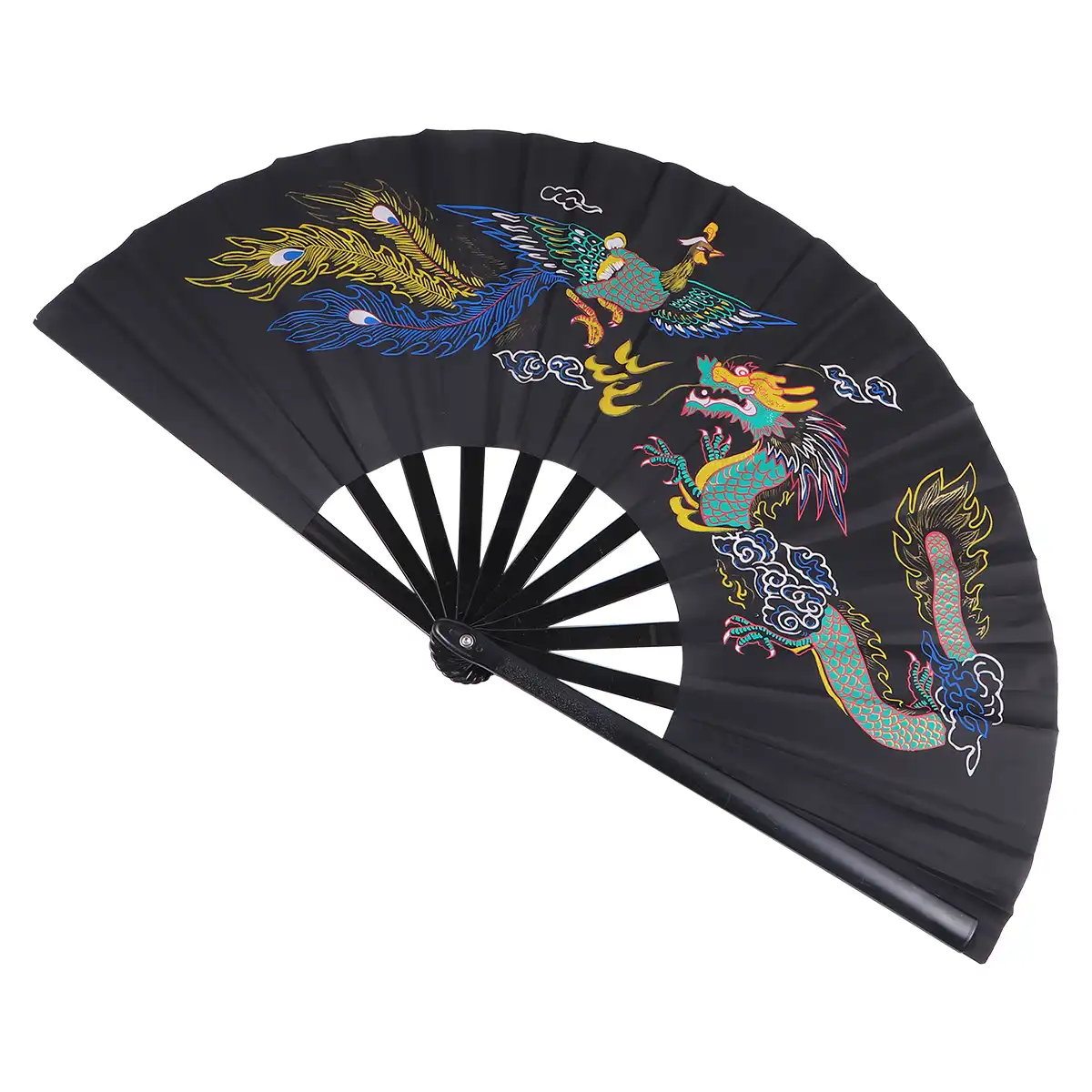 Multiple angles of black kung fu fan highlighting elegant design and craftsmanship details.