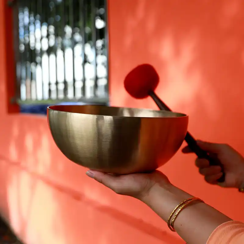 Premium Tibetan singing bowl mallet with sheep skin head and dark peach wood handle.