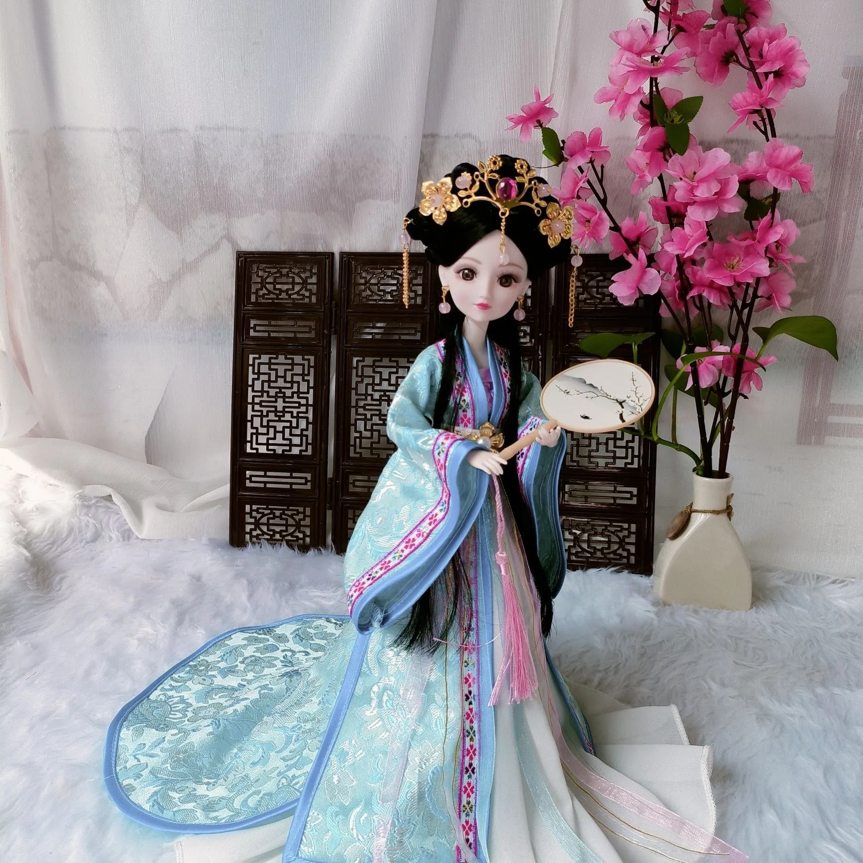 Chinese Hanfu fairy princess BJD doll 30cm with traditional costume and trailing skirt front view.