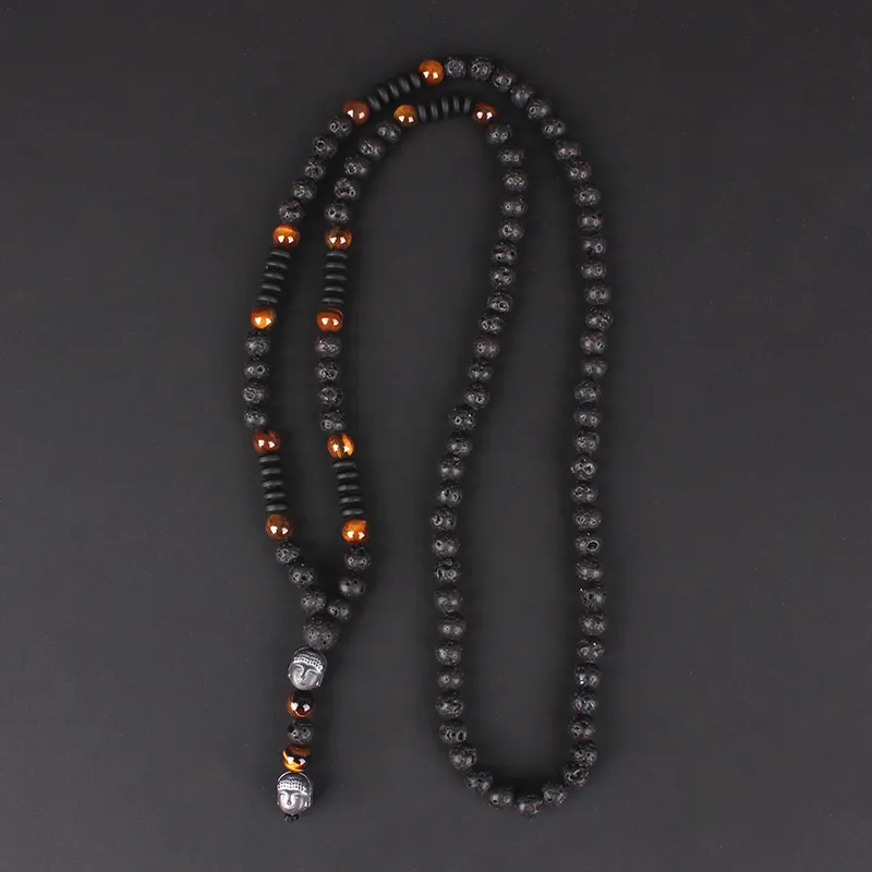 Buddha head tiger eye lava stone necklace 6mm beads spiritual healing jewelry for men women 70cm.