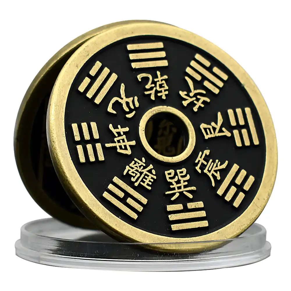 Chinese lucky coins feng shui bagua medallions set displayed on wooden surface.