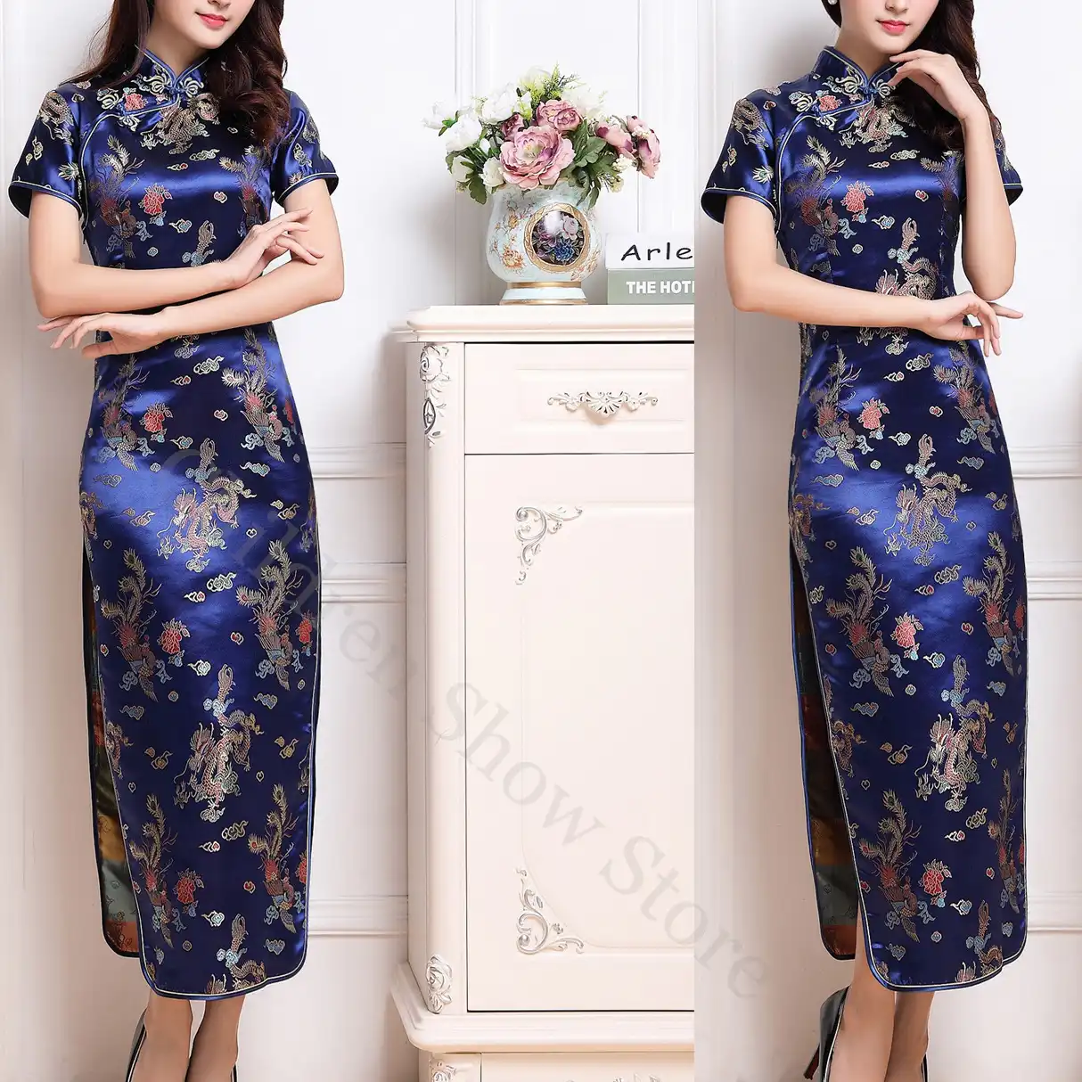 Elegant Chinese qipao dress in red satin showing intricate dragon phoenix embroidery details.
