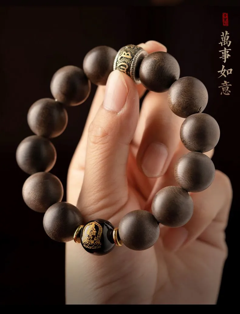 Natural Kyara agarwood Buddha zodiac bracelet for men with wooden beads and sacred charm.