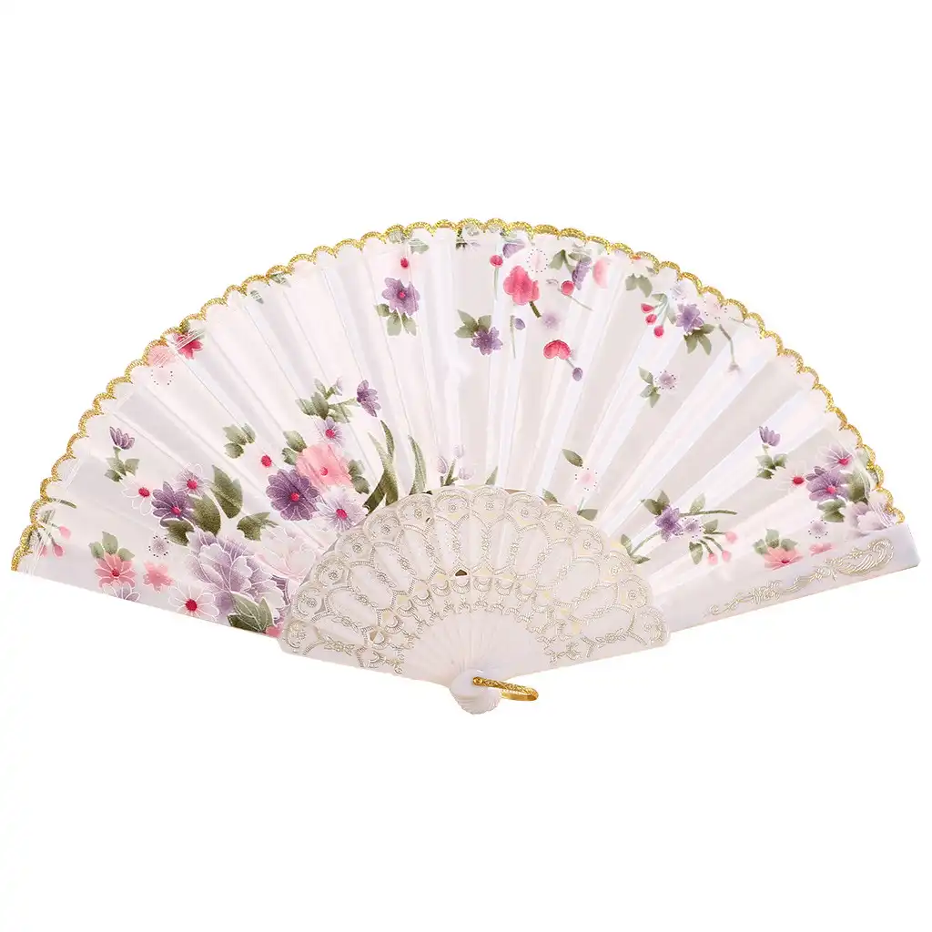 Japanese silk folding fan with traditional vintage pattern displayed fully open on white background.