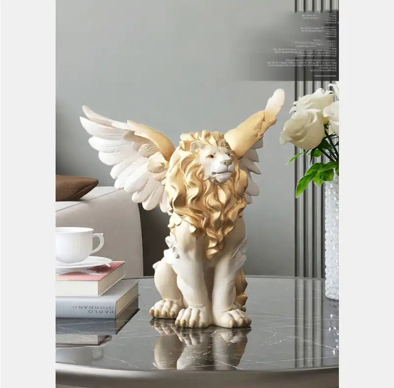 Nordic luxury resin lion statue figurine displayed on modern white console table in minimalist living room.