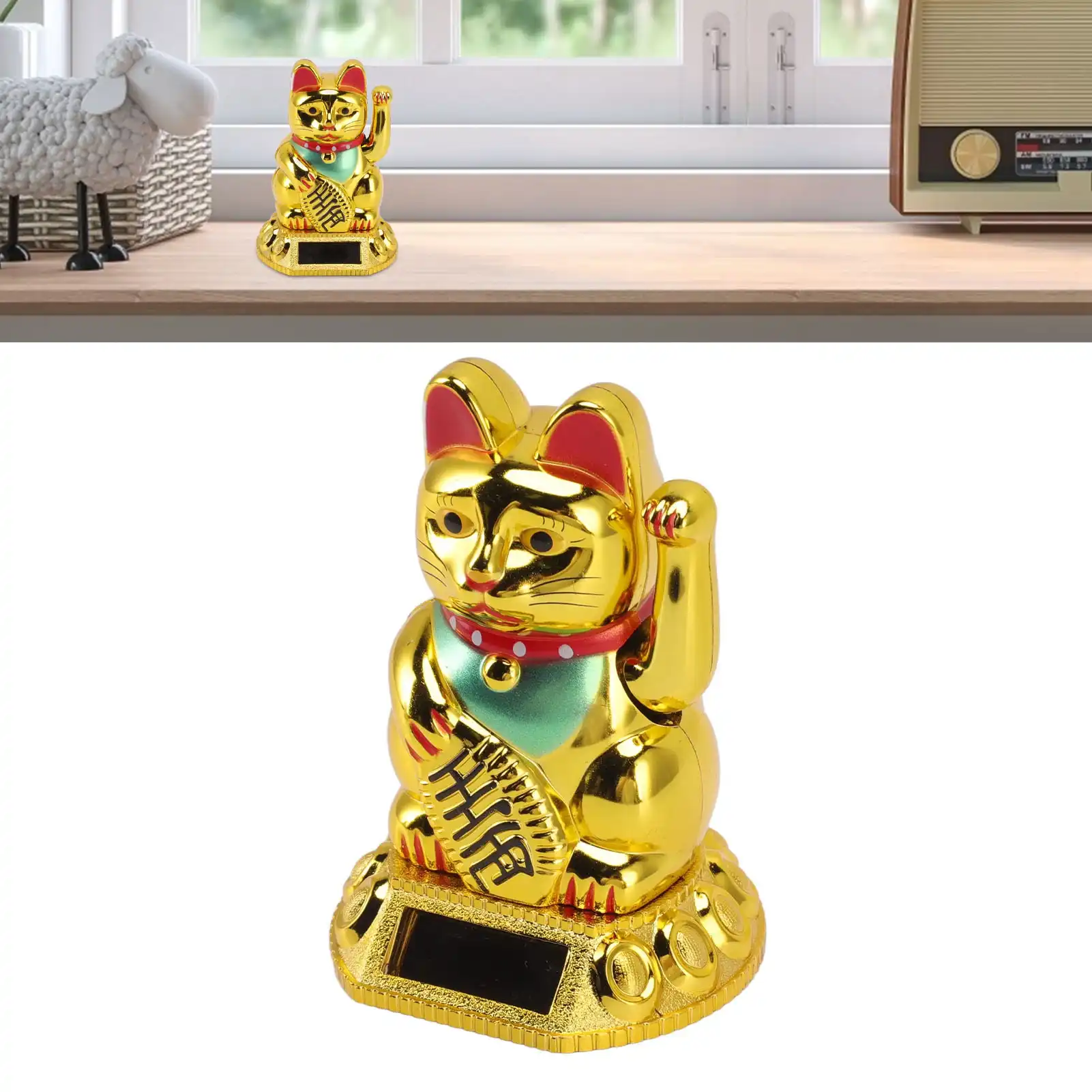 Solar powered waving lucky cat ornament with automatic arm movement and cute smiling design.