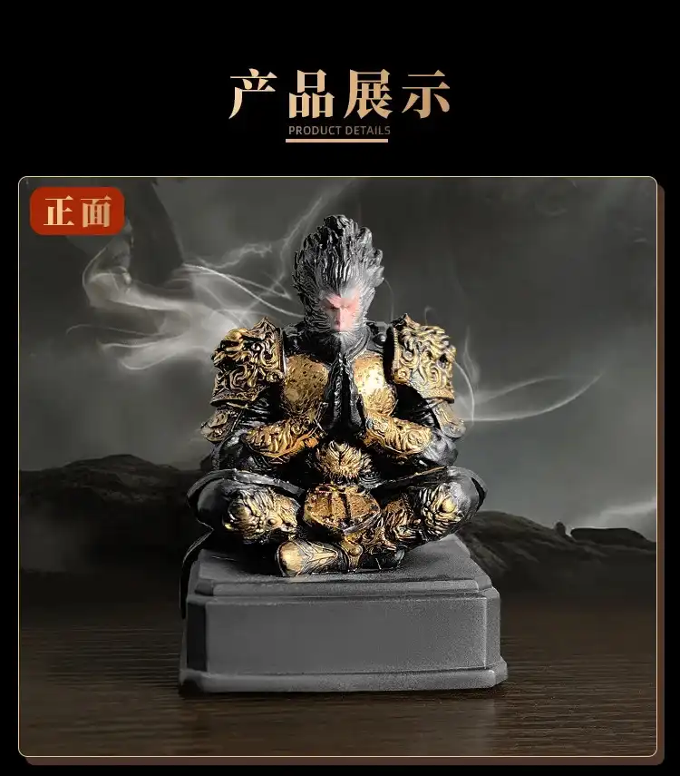 High-quality craftsmanship detail shot of Monkey King face and traditional Chinese costume textures.