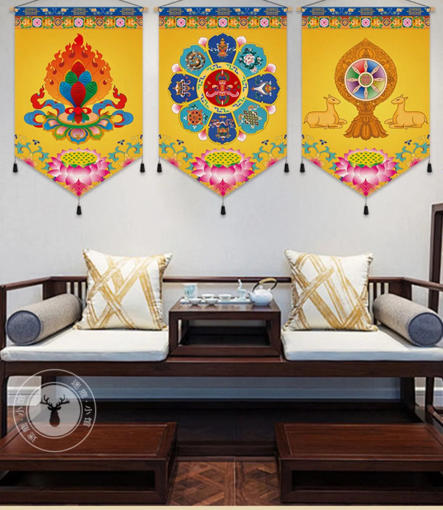Tibetan Thangka wall art canvas painting featuring Eight Auspicious Symbols in traditional colors.