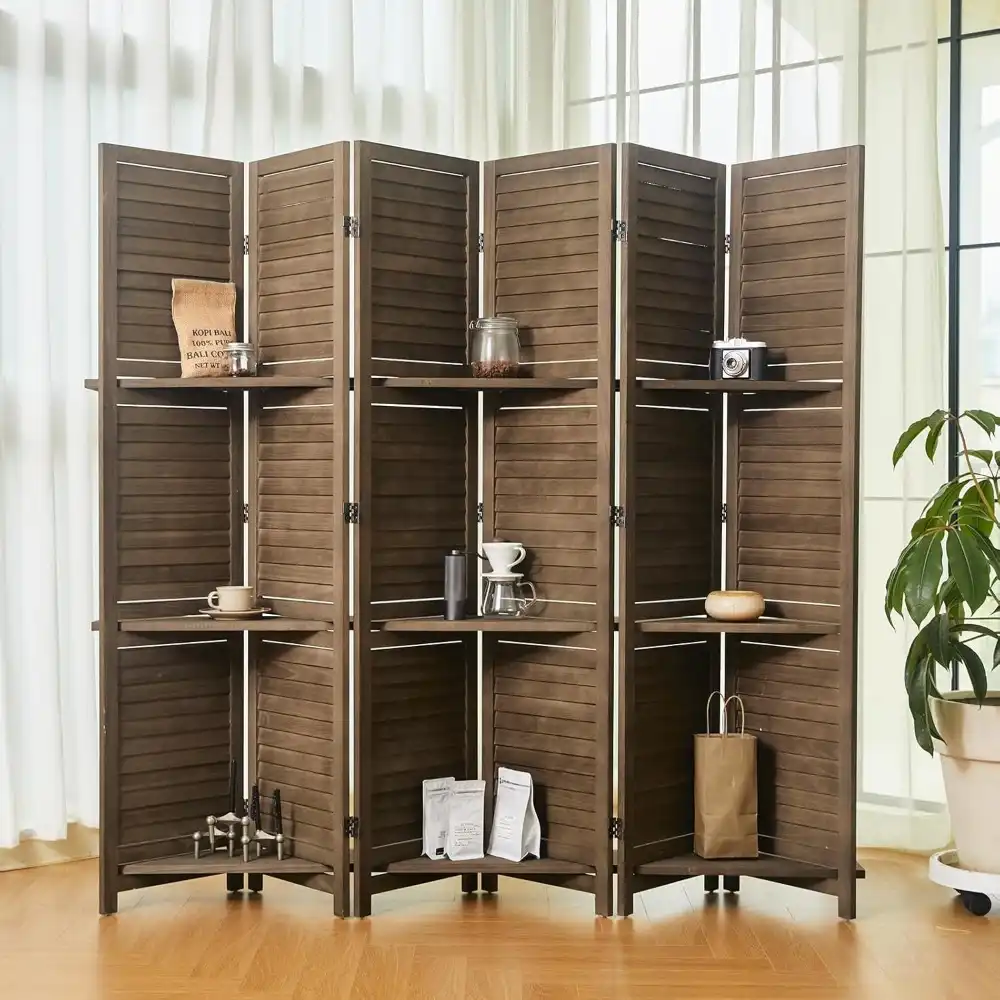 Chinese wood room divider with 6 panels and integrated shelves displaying decorative items in home.