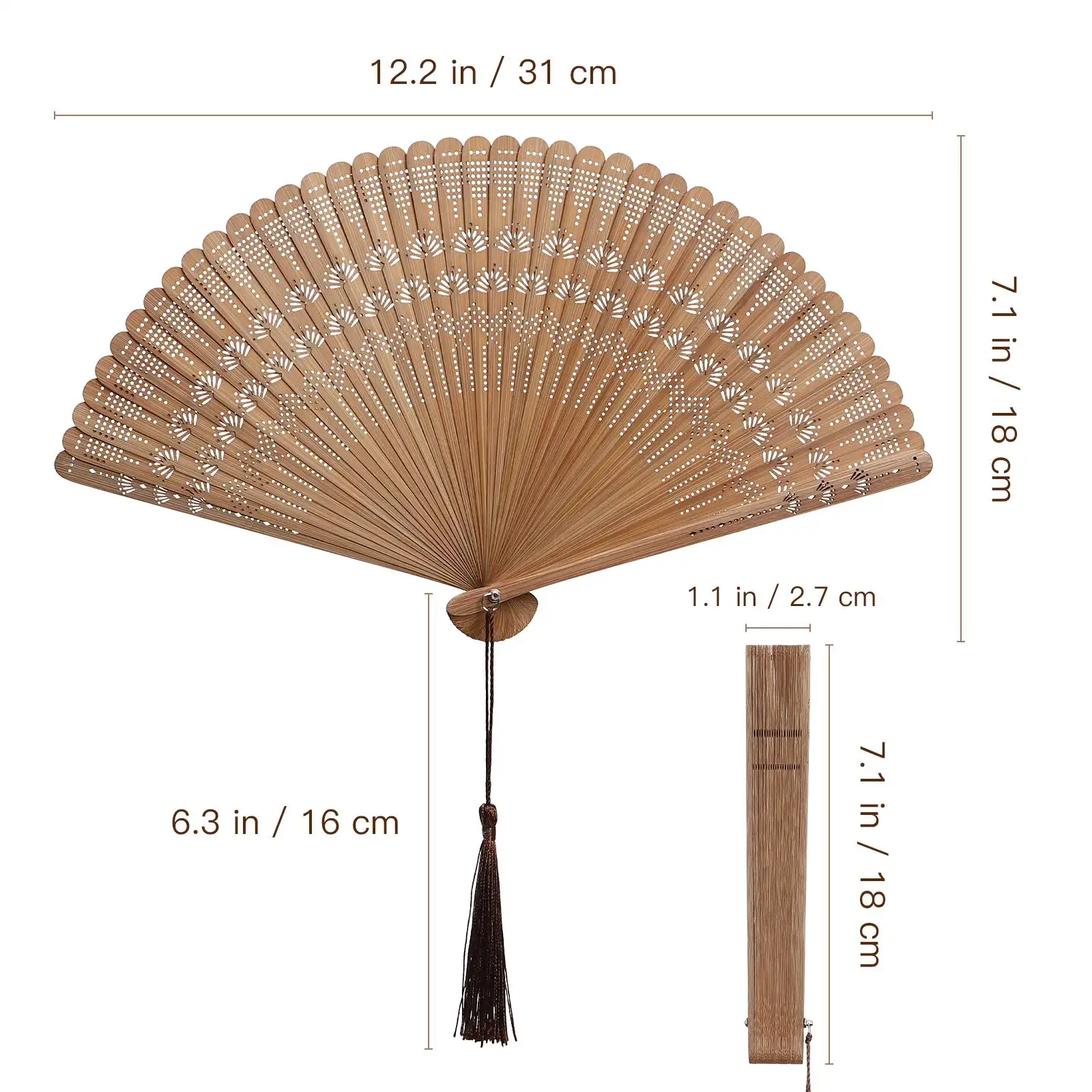 Japanese bamboo folding fan with decorative tassel displayed fully open showing vintage brown design.