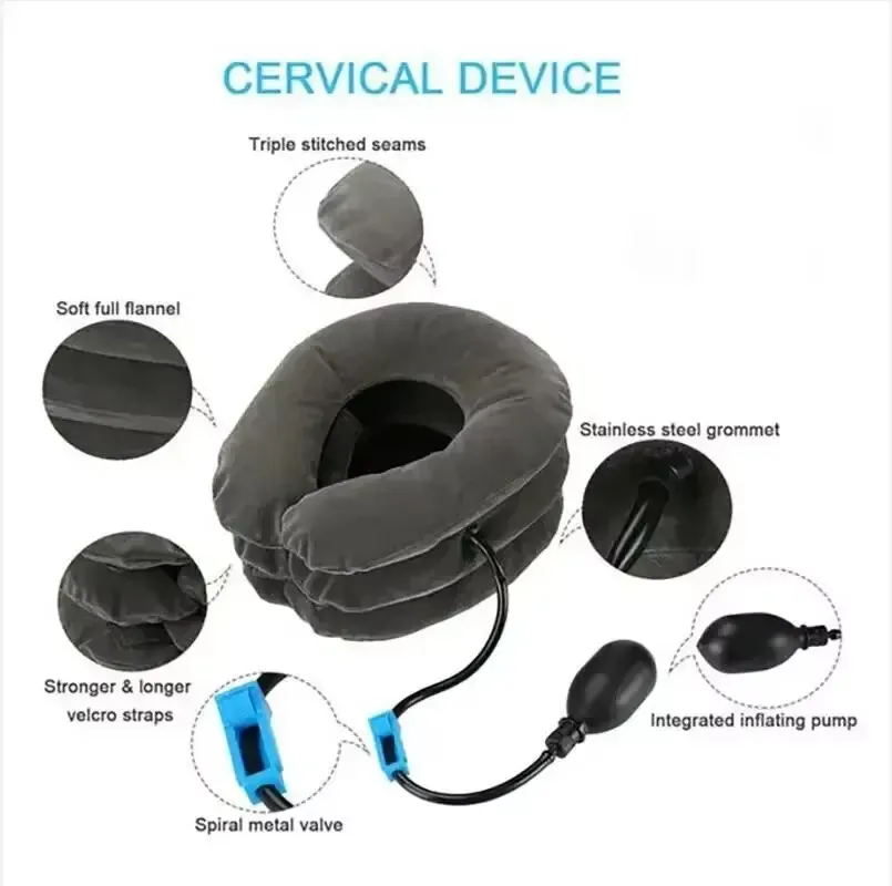 Inflatable cervical neck traction device pillow with air pump in gray color on white background.