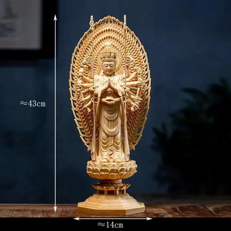 Large solid wood Buddha statue Bodhisattva Ksitigarbha handcrafted home decoration figurine.