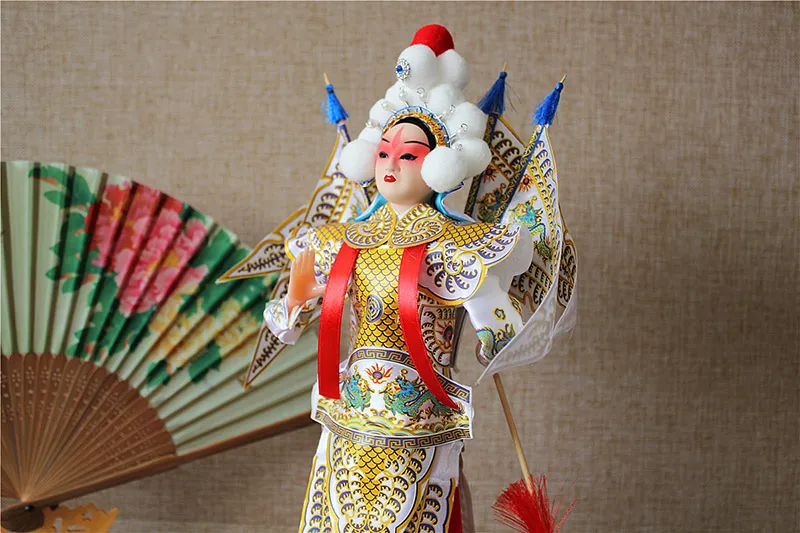 Handmade Beijing Opera silk figurine doll 32cm with traditional costume and wooden base.