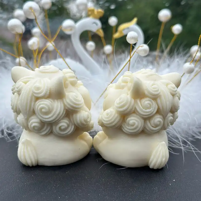 Handmade coconut wealth lion statue pair carved from organic material feng shui fortune mascots.
