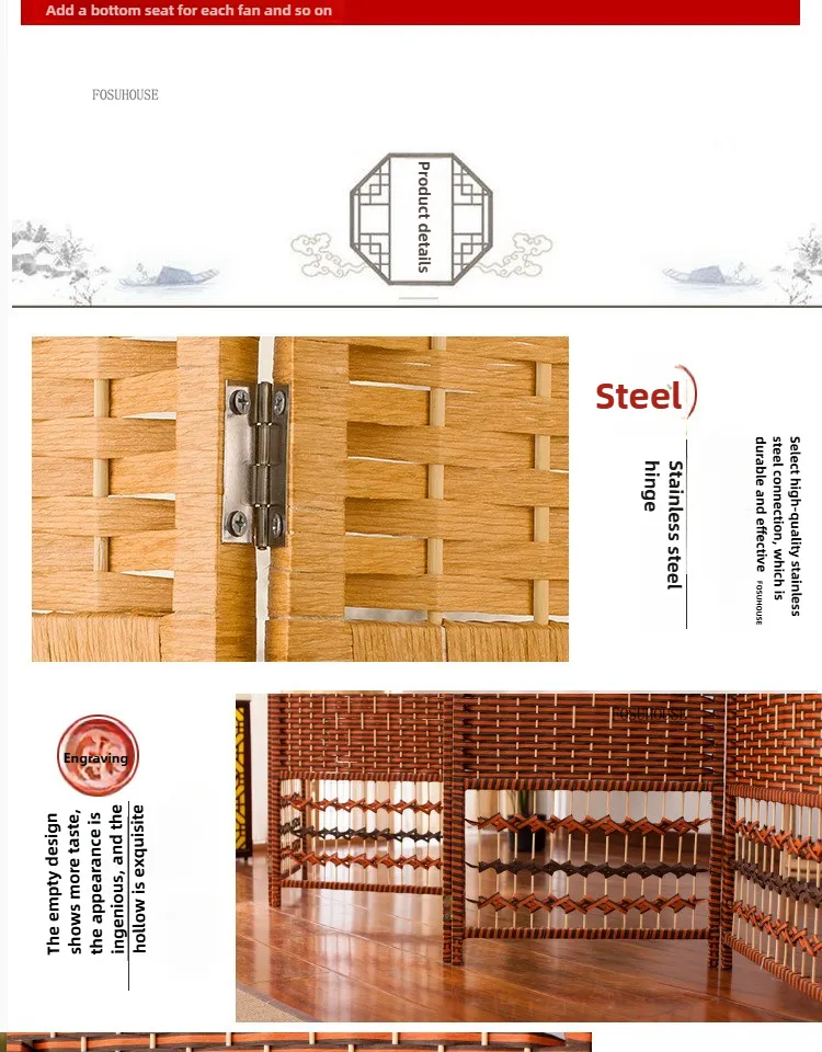Simple Chinese folding screen room divider with bamboo wood construction in living room.
