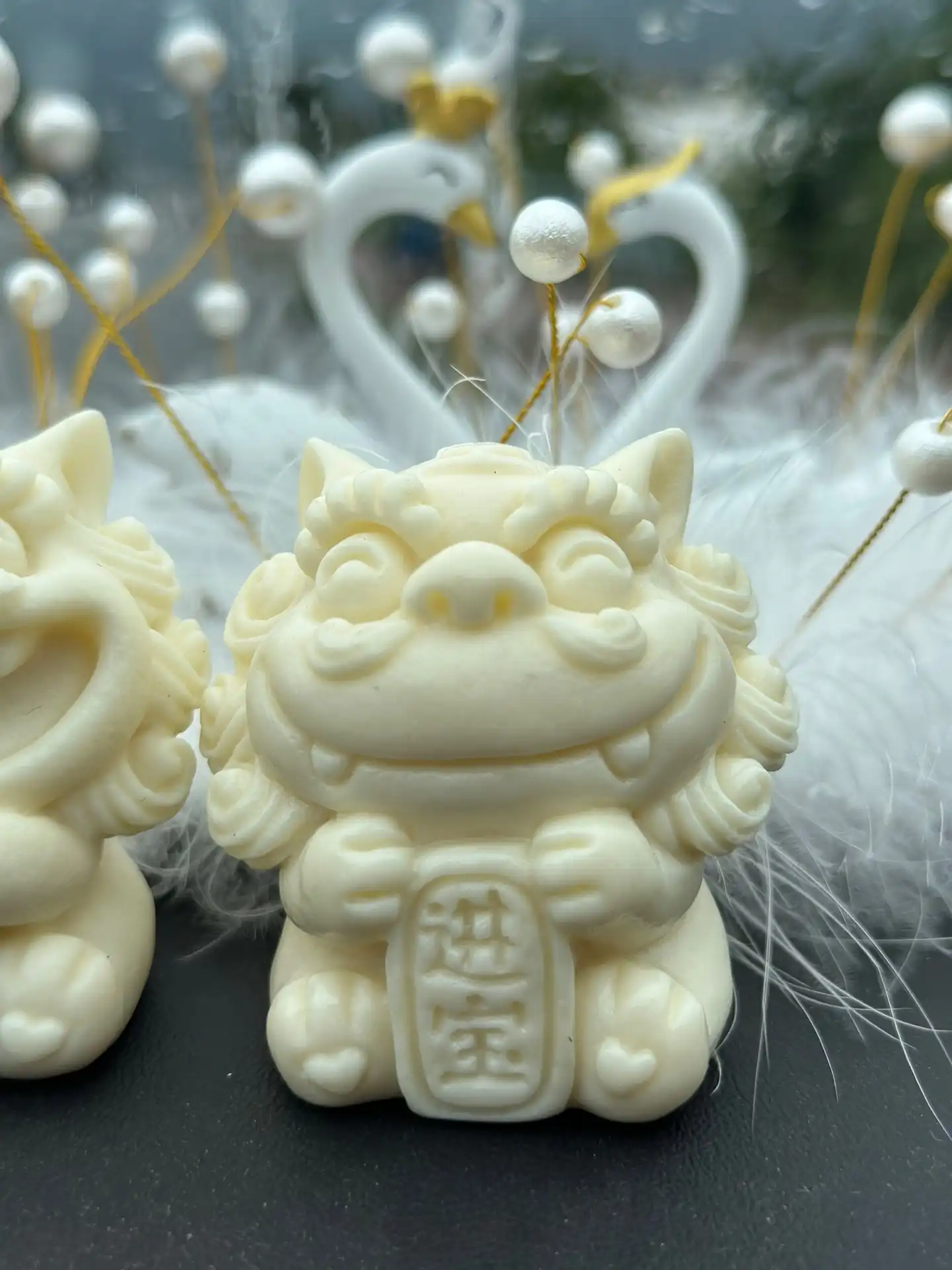 Close up detail of coconut carved lion showing traditional Chinese craftsmanship and natural texture.