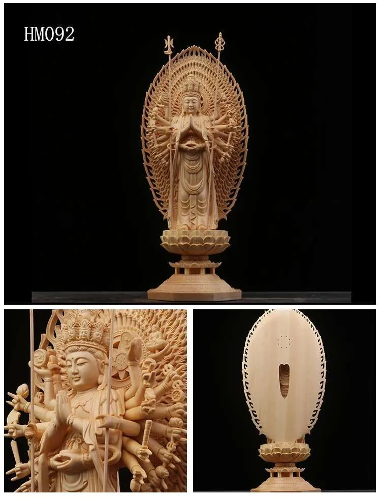 Front view wooden Buddha statue showing detailed Ksitigarbha Bodhisattva carving craftsmanship.