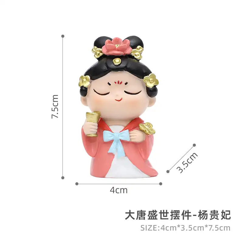 Full body view of Datang doll wearing traditional Tang Dynasty handmaiden costume.