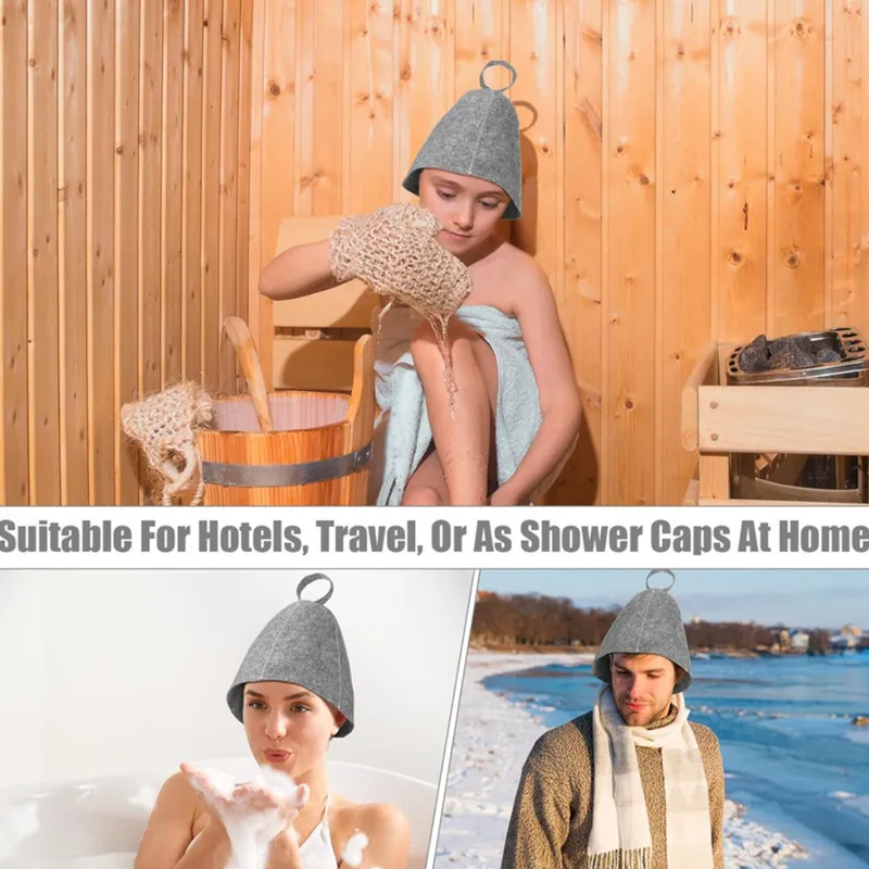 Person wearing sauna cap in steam room demonstrating comfortable fit and heat protection benefits.