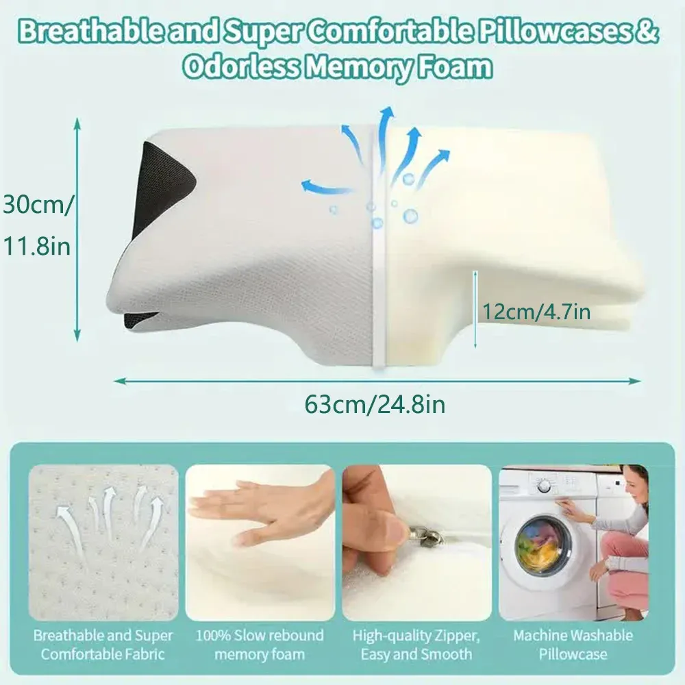 Side sleeper using ergonomic cervical pillow with proper head and neck alignment.