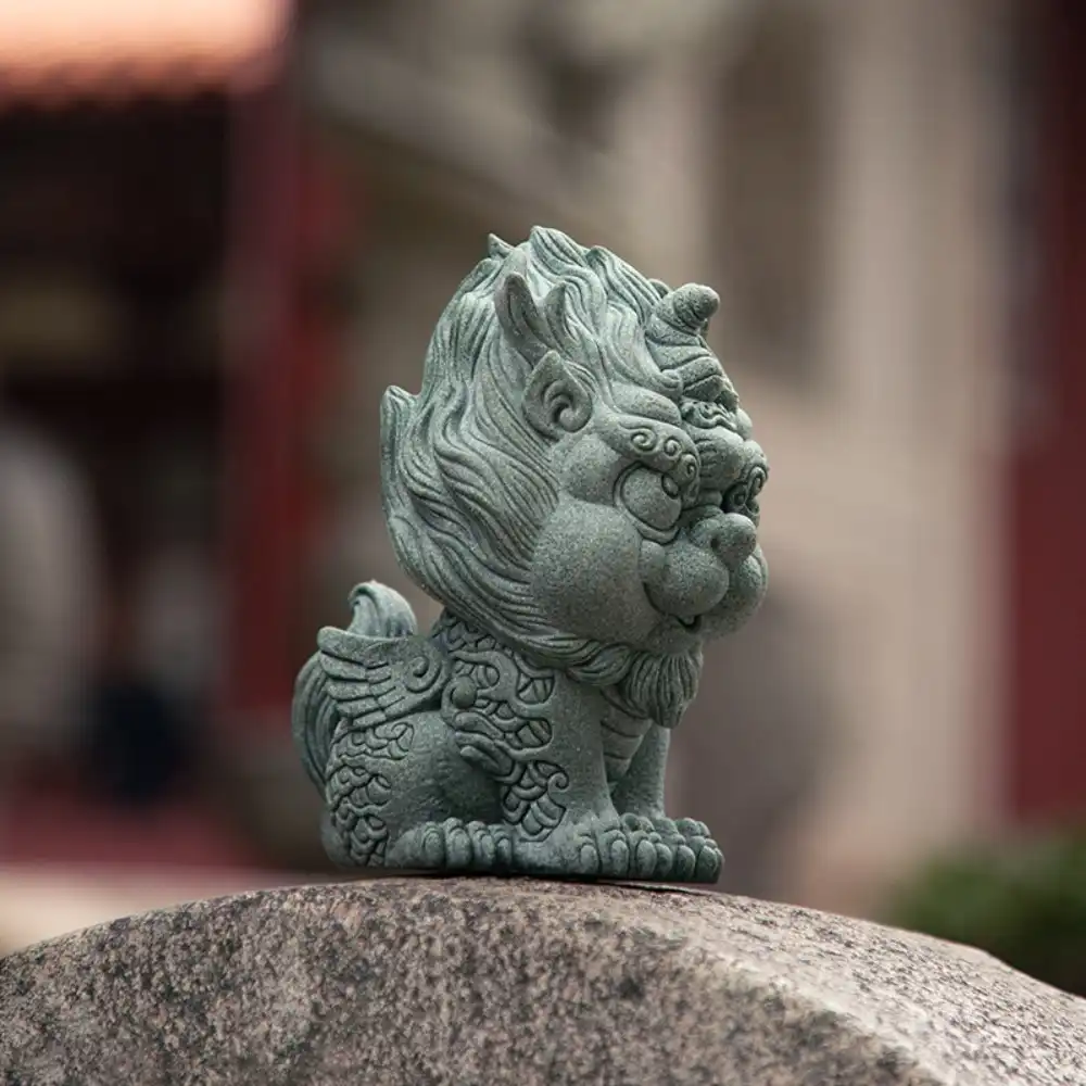 Side profile of feng shui Qilin statue displaying compact size and traditional Chinese design.
