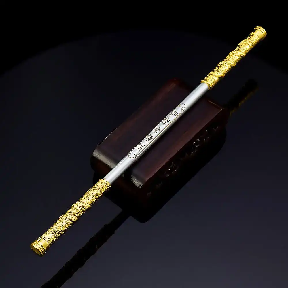 Black Myth Wukong inspired Ruyi Jingu Bang replica shown in gaming enthusiast collection.