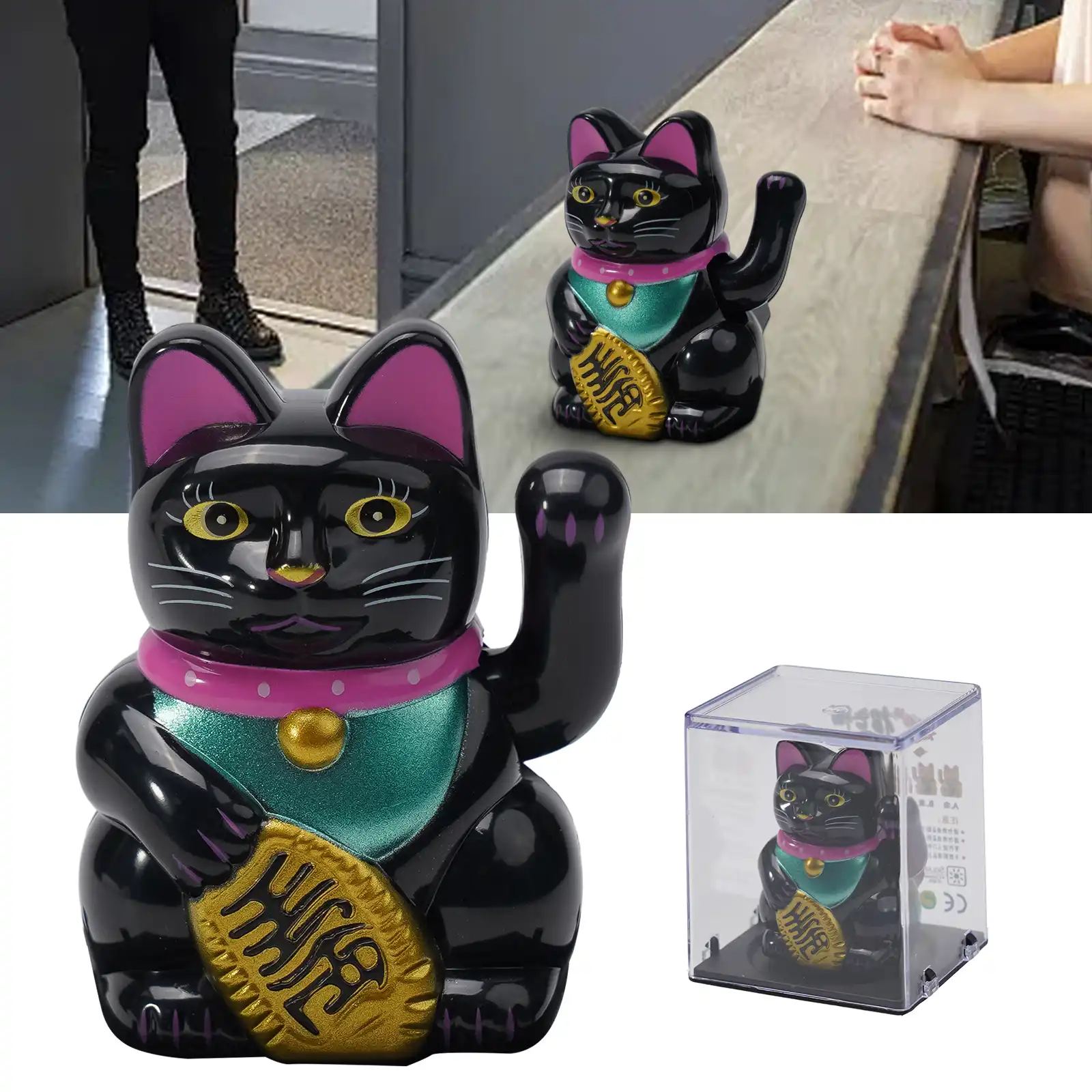 Solar panel technology powering automatic waving motion of lucky cat ornament.