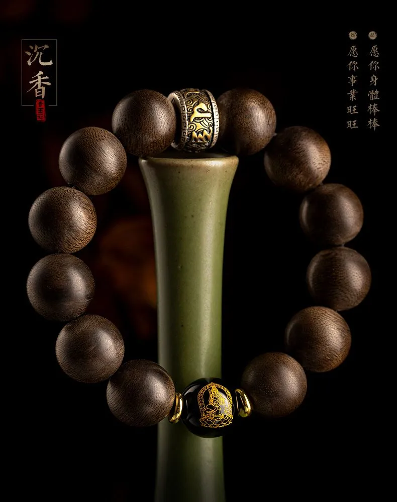 Agarwood Buddha bracelet in meditation setting with peaceful spiritual background decor.