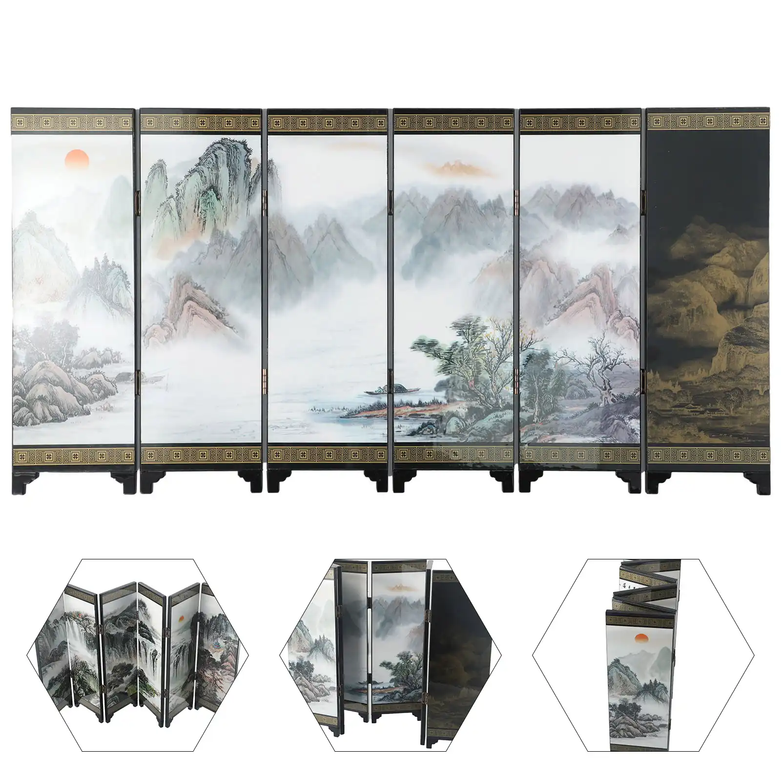 Handcrafted Chinese folding screen with vintage patterns perfect for home office decoration.