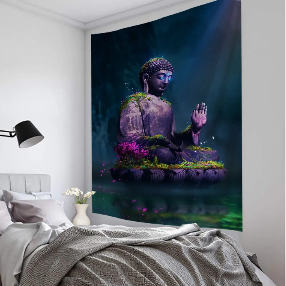Buddha tapestry hanging living room wall decoration home meditation space peaceful atmosphere.