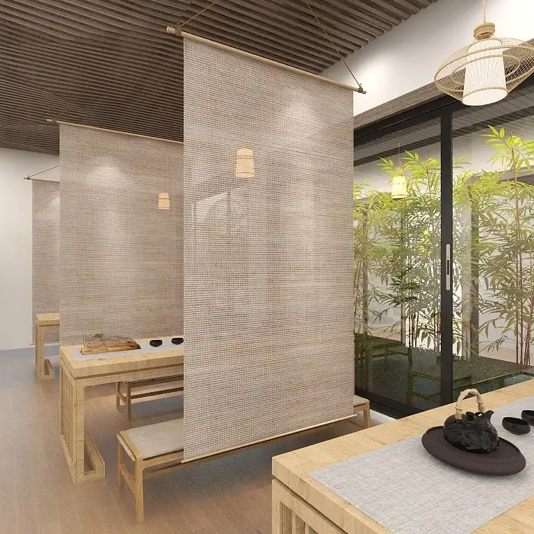 Semi-transparent bamboo hemp curtain allowing filtered light while maintaining privacy.