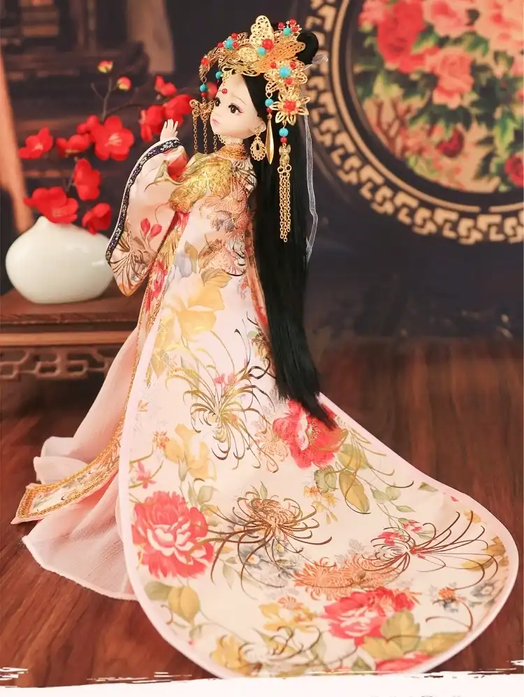 Back view of hanfu doll showing traditional Chinese dress construction and design details.