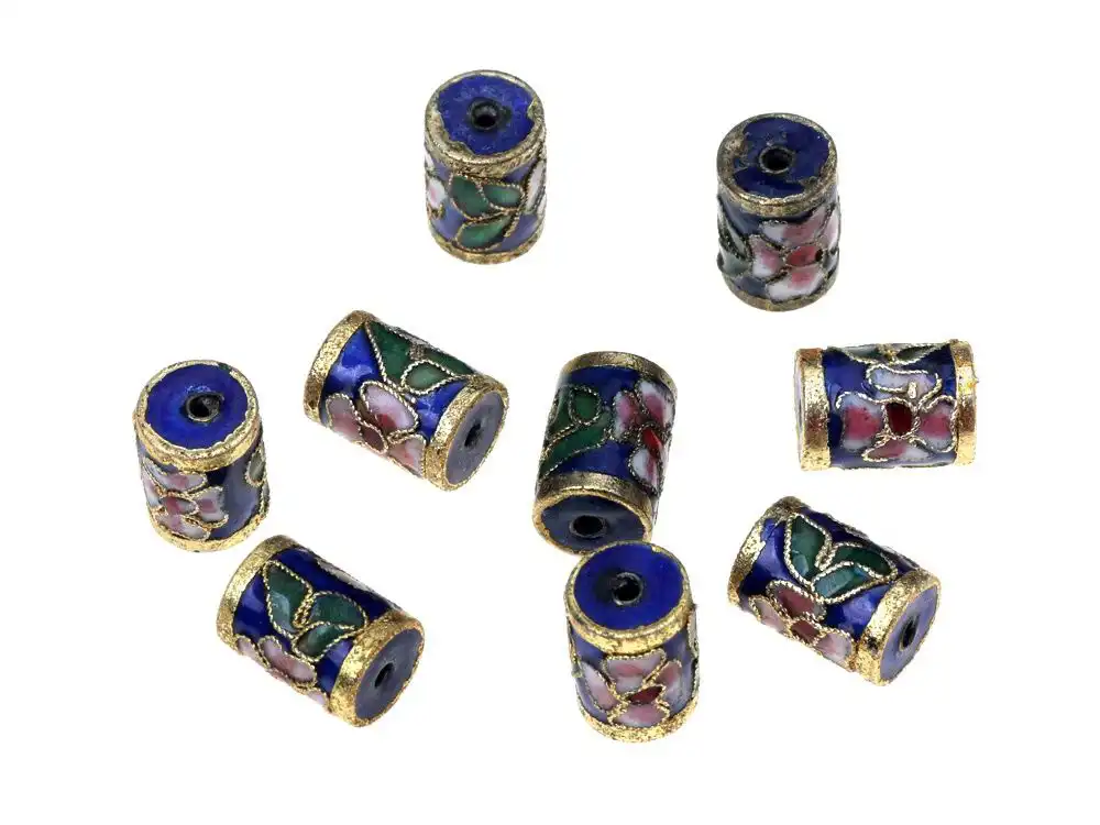 Group arrangement of blue and green cloisonne beads with floral enamel patterns.