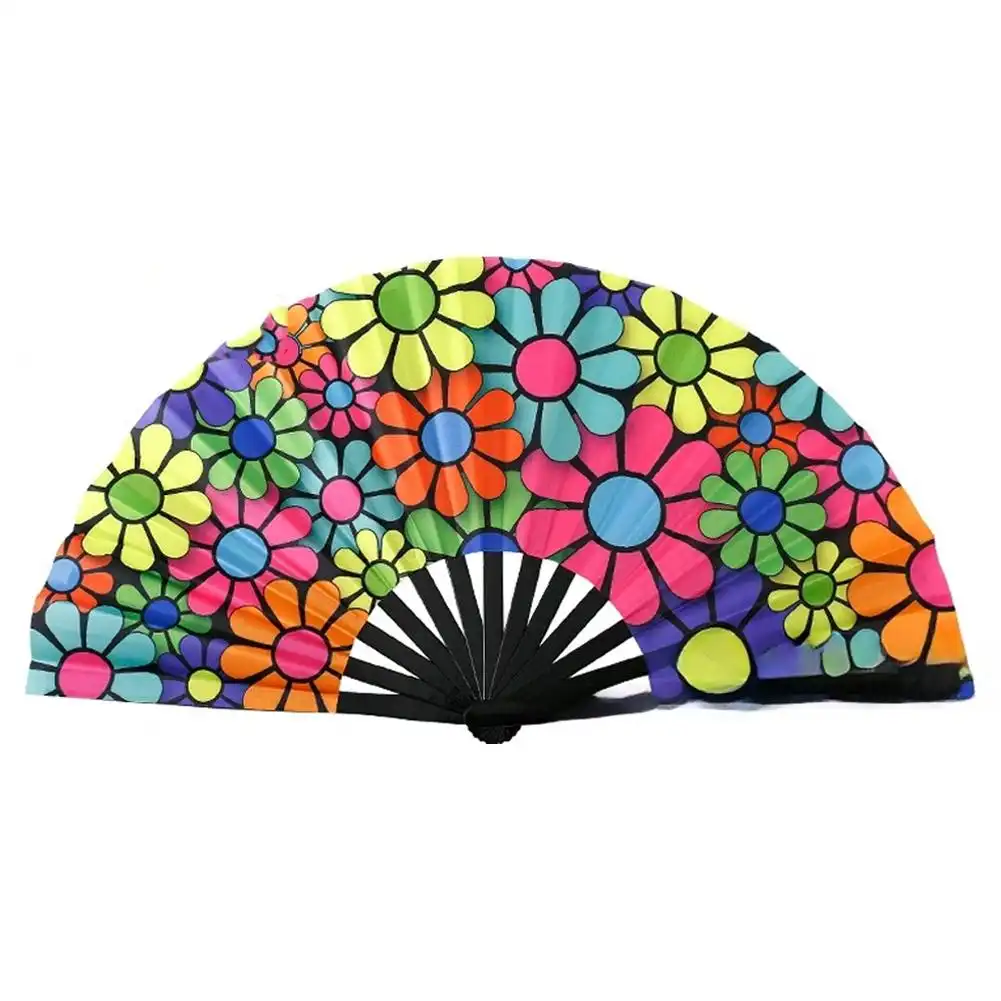 Fluorescent fan partially opened showing gradual expansion process and bamboo rib flexibility during opening motion.