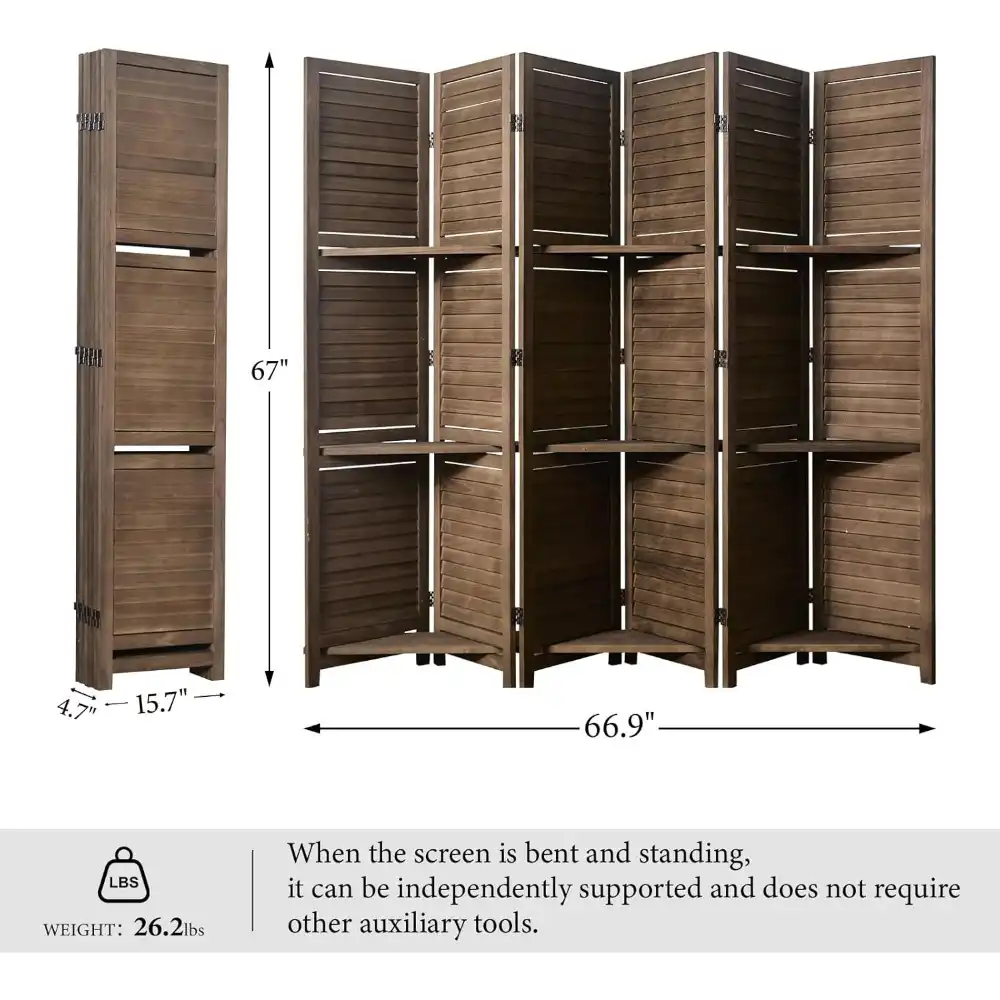 Folding wooden screen room separator showing Art Deco louvered design and storage compartments.