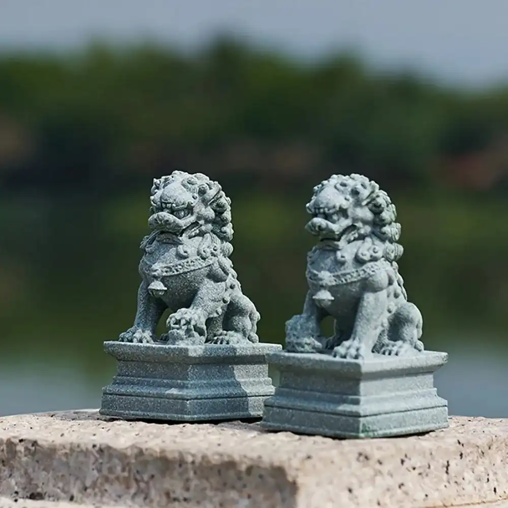 Foo dog statues placed on desk home office feng shui protection decorative stone lion figurines.