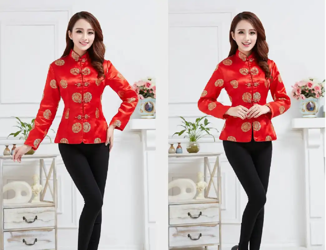 Red tang suit jacket displayed flat showing high-quality satin finish and construction.