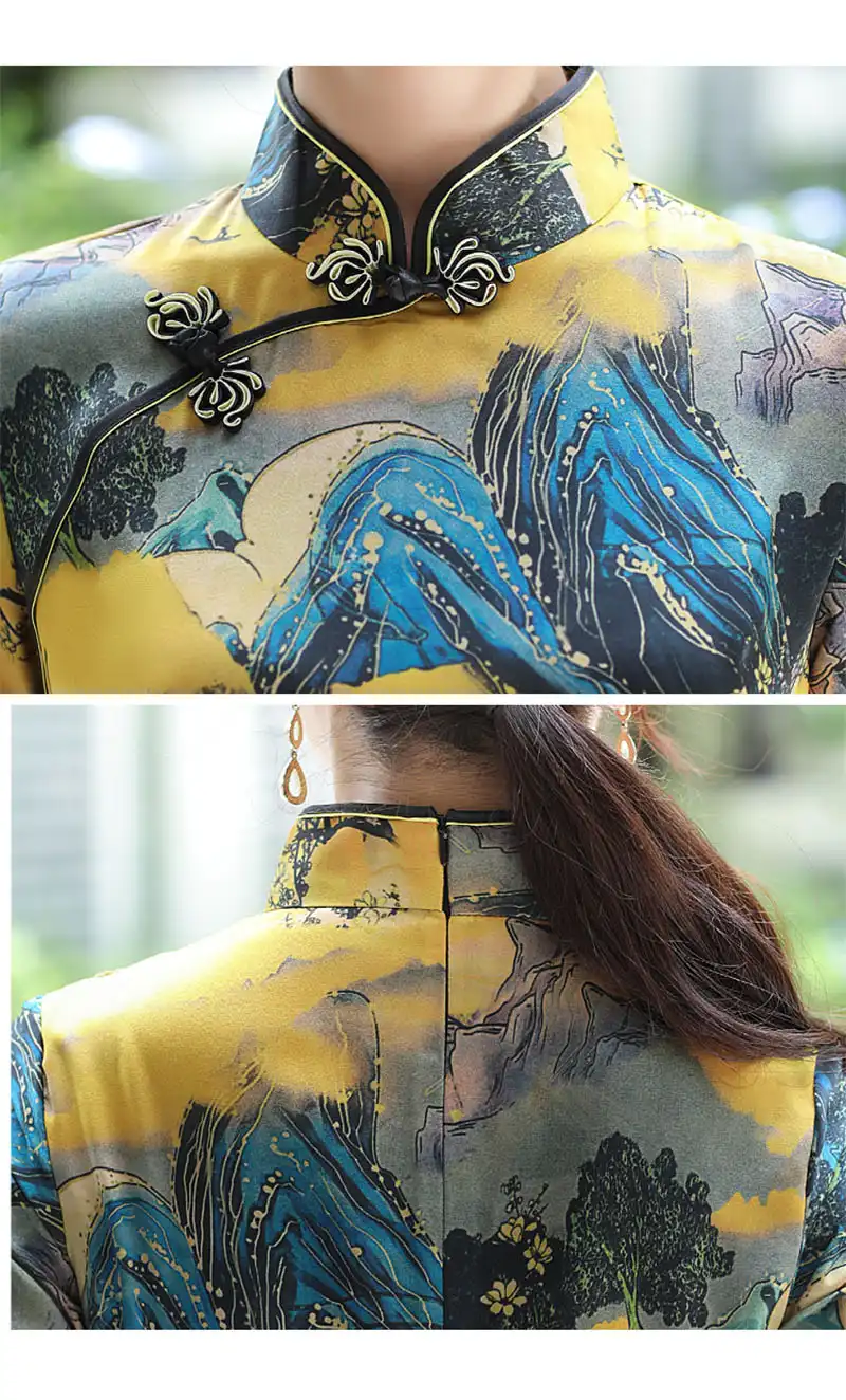 Long cheongsam dress styled for daily wear showing comfortable elegant appearance.