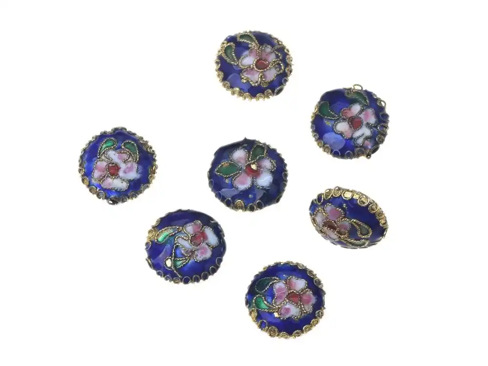 Red and gold cloisonne copper beads displaying classic Chinese color combinations.