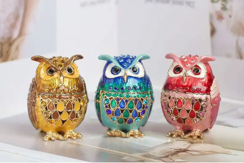 Handcrafted cloisonne owl jewelry box showing detailed enamel work and traditional Chinese artistry.