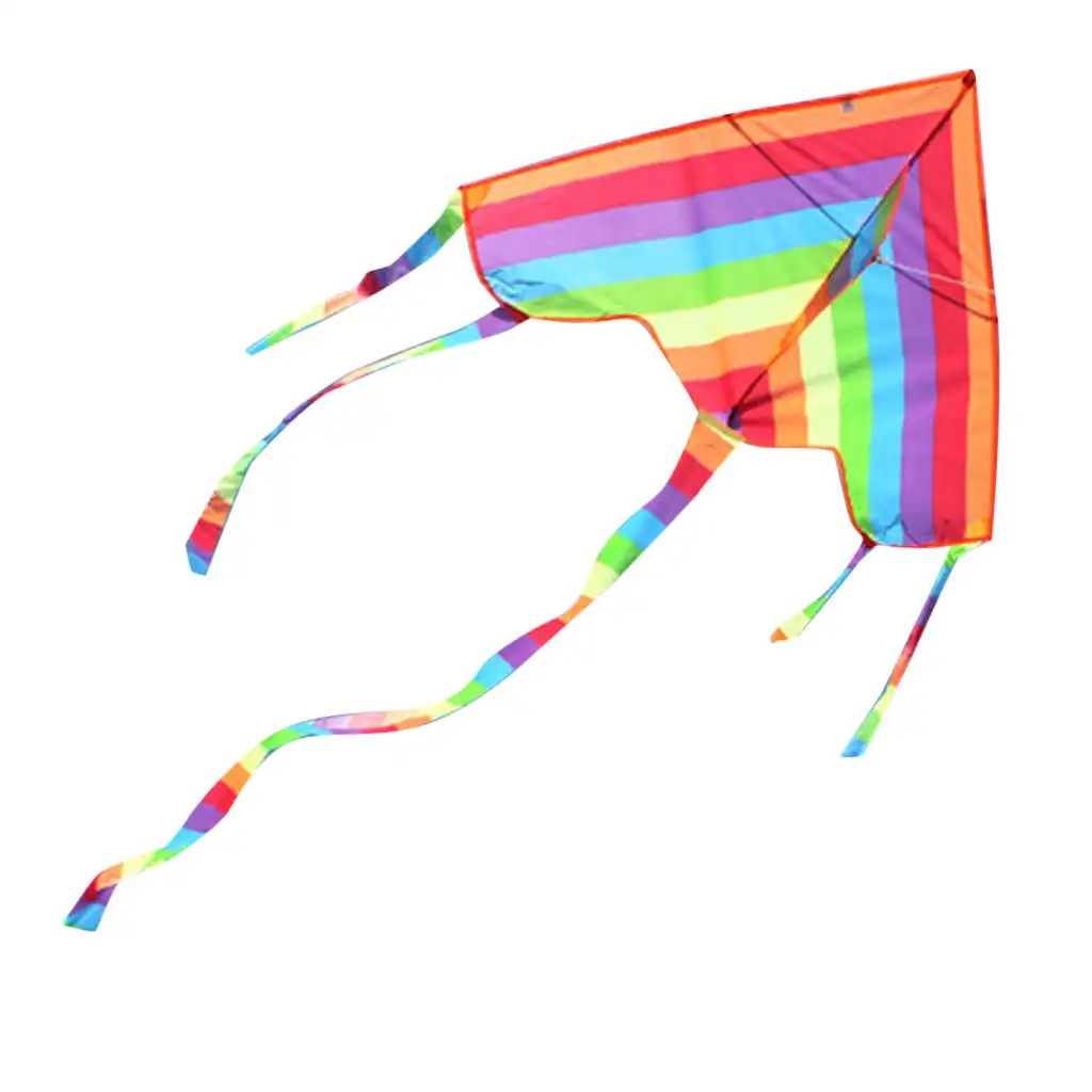 Close-up view of rainbow kite polyester fabric displaying bright colorful triangle design.