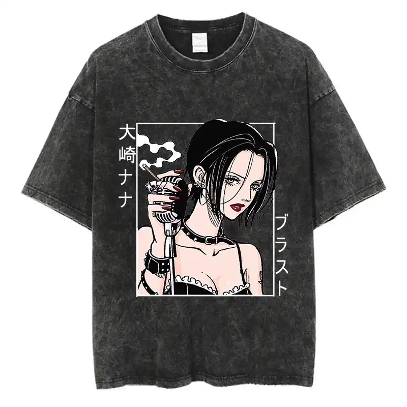 Harajuku-style anime tee with short sleeves, laid flat on surface..