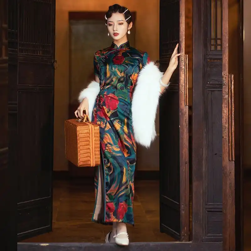 Model wearing vintage inspired qipao showing body-hugging silhouette and mandarin collar design.