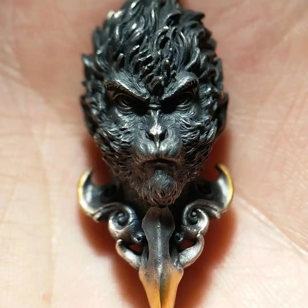 Black Myth Wukong dark pendant necklace front view showing intricate mythical design details and vintage finish.
