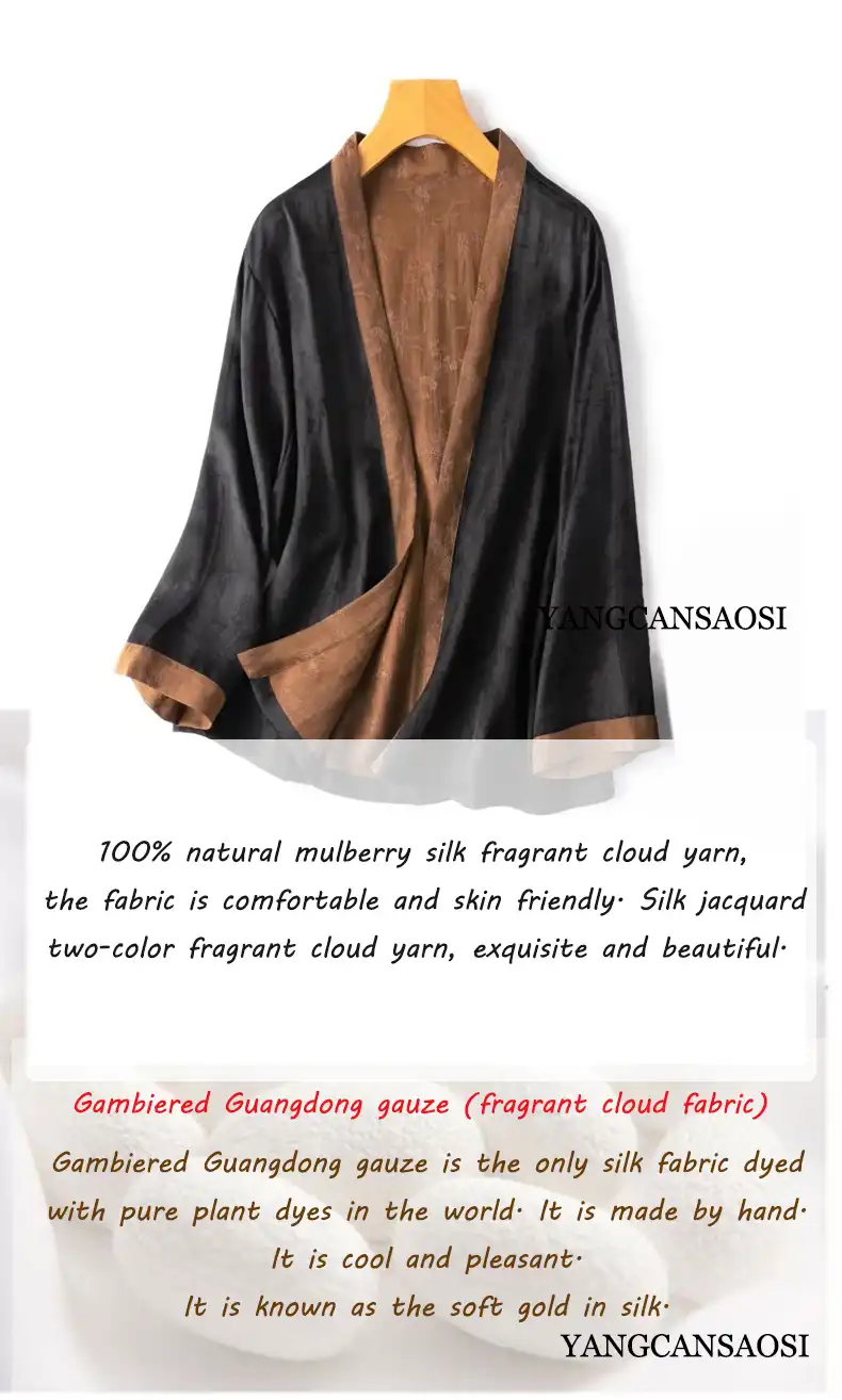 Open front design of Xiangyunsha jacket highlighting loose fit and sophisticated draping.
